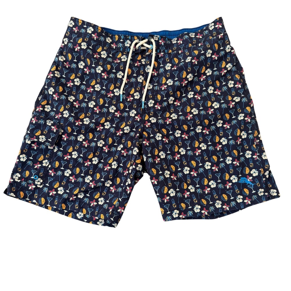 Tommy Bahama Large 8in Navy Tropical Cocktail Print Men's Cargo Board Shorts